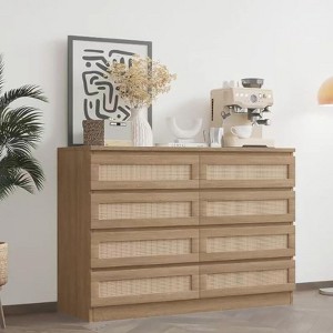 Large 8 Drawer Dresser for Bedroom, Modern Farmhouse Rattan Dresser, Slim Wood Chest of Drawers - 1 of 4