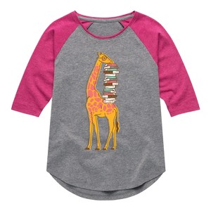 Girls' - Instant Message - Giraffe Carrying Books Shirt Tail Raglan Graphic T-shirt - 1 of 3