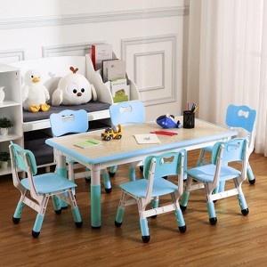 TROPOW Kids Table and Chair Set, Height Adjustable Toddler Arts & Crafts Table and 6 Chair Set for Ages 2-10,Max 300lbs Kids Activity Art Table,Blue - 1 of 4