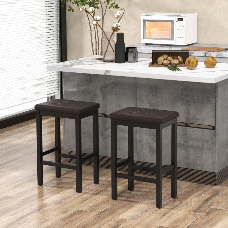 Costway Set of 2 Rubber Wood Bar Stools 24" Counter Height Stool with Padded Seat, Footrest Brown & Black/Gray & White, 2 of 9