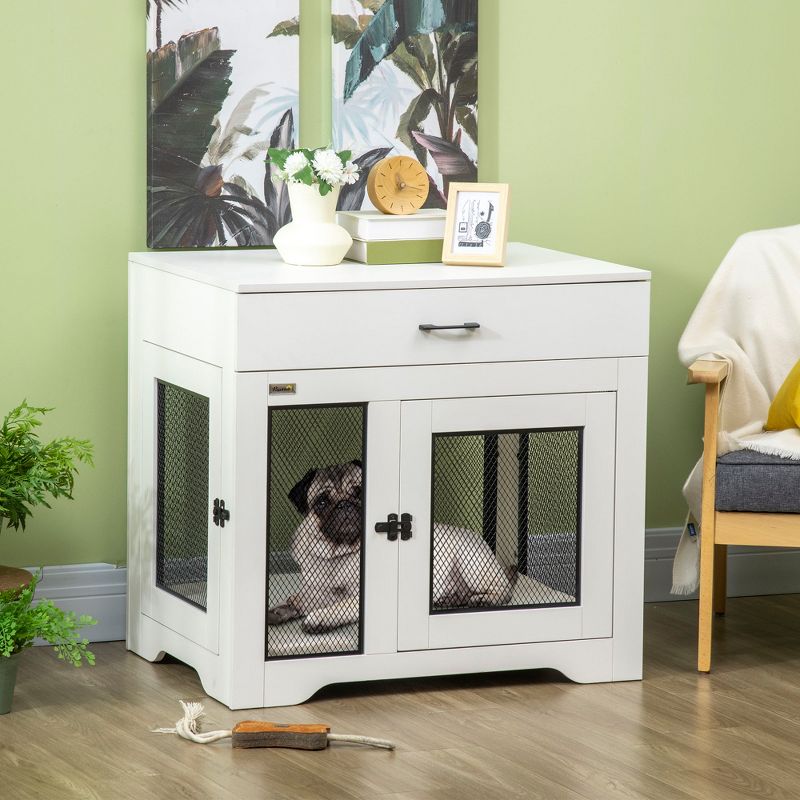 PawHut Dog Crate Furniture with Soft Water-Resistant Cushion, Dog Crate End Table with Drawer, Puppy Crate for Small Dogs Indoor with 2 Doors, 3 of 9