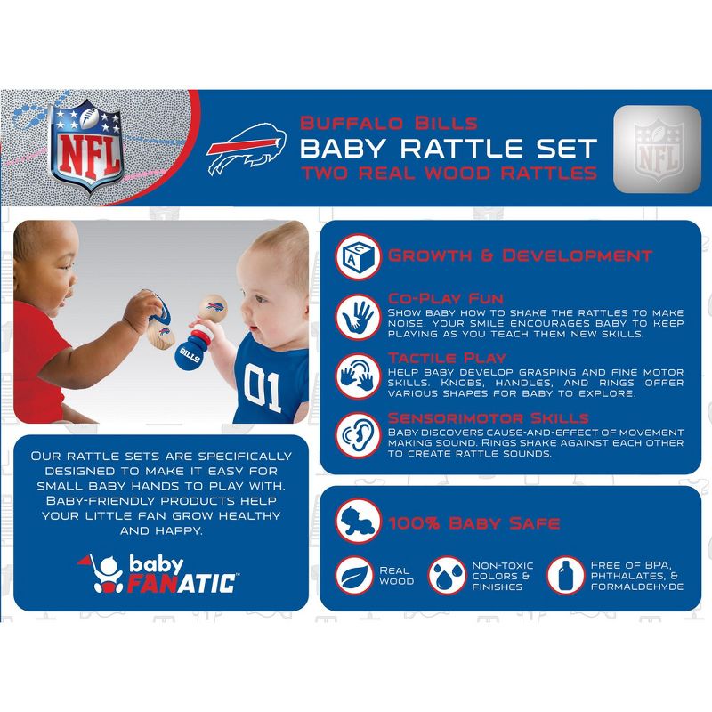 Baby Fanatic Wood Rattle 2 Pack - NFL Buffalo Bills Baby Toy Set, 3 of 5