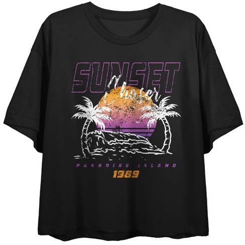 Island Sunset Crew Neck Short Sleeve Women's Black Crop Top - image 1 of 2