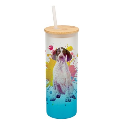 100 North 25 Ounce Frosted Glass Gradient Travel Tumbler With Straw & Wooden Lid, English Pointer Paint Splatter Sky Blue