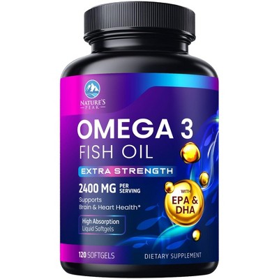 Triple Strength Omega 3 Fish Oil 2400 mg Softgels, Nature's Fish Oil Supplements - 120 Softgels By Nature's Peak
