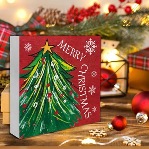 Christmas Signs, Merry Christmas Wooden Sign Decor, Christmas Tree Wooden Block Sign, Indoor Christmas Decor for Table Shelf 5 x 5 Inch - 1 of 4