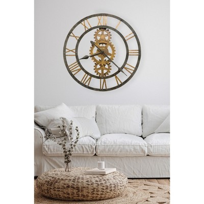 Oversized Gray and Brown Metal Wall Clock with Gears