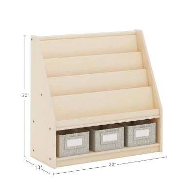 Natural Wooden Kids Book and Bin Display with Fabric Bins