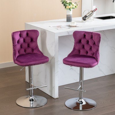 DOMETOUR 2 Pcs Swivel Velvet Barstool Adjusatble Seat Height from 25-33 Inch, Chrome Base Bar Stool for Home Pub and Kitchen Island