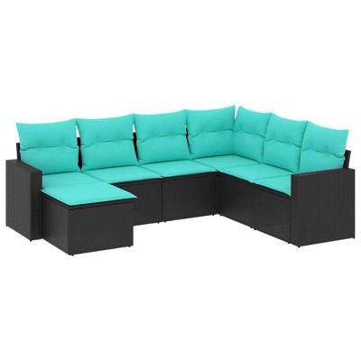 vidaXL 7 Piece Patio Sofa Set with Cushions Black and Blue Poly Rattan - Without Table