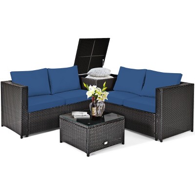 Tangkula Outdoor Rattan Sectional Loveseat Couch Conversation Sofa Set with Storage Box &Coffee Table Red/Navy/Turquoise