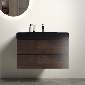 FAMYYT 36 in. Single Sink Floating Walnut Bath Vanity with Black Ceramic Top, U Shape Drawer, Assembled - 1 of 4