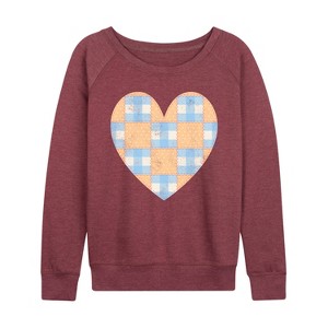 Women's - Instant Message - Patchwork Quilt Heart Lightweight French Terry Wide Neck Long Sleeve Graphic Shirt - 1 of 4