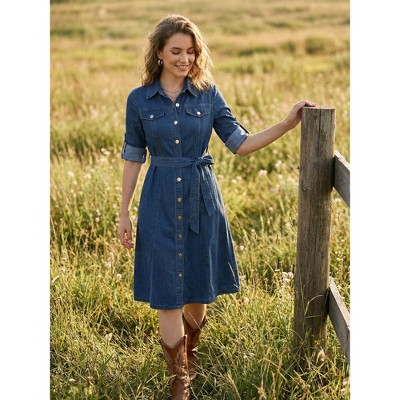 Женские платья INSPIRE CHIC Women's Denim Button Down Long Sleeve Belted Classic Midi Shirt Dress Medium Blue — фото 4