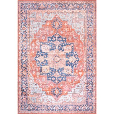 Maris Blue and Orange Medallion Washable Area Rug