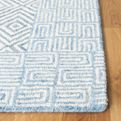 Light Blue and Ivory Wool Geometric Runner Rug