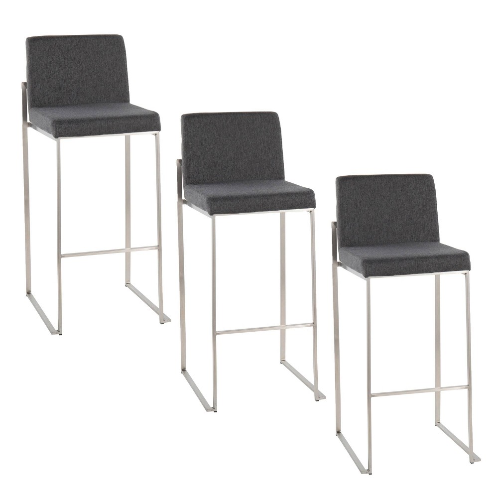 LumiSource Set of 3 Fuji High Back Barstools Stainless Steel/Charcoal Fabric