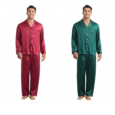 INSPIRE CHIC Men's 2 Pack Sleepwear Button Down Long Sleeve Classic Satin Pajamas Sets