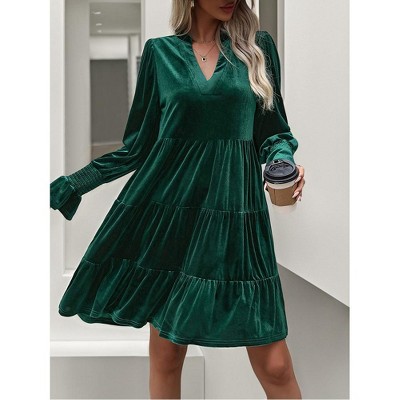 Women’s Elegant Velvet Long Sleeve Dress Casual Fall V Neck A Line Babydoll Flowy Formal Wedding Party Mini Dress