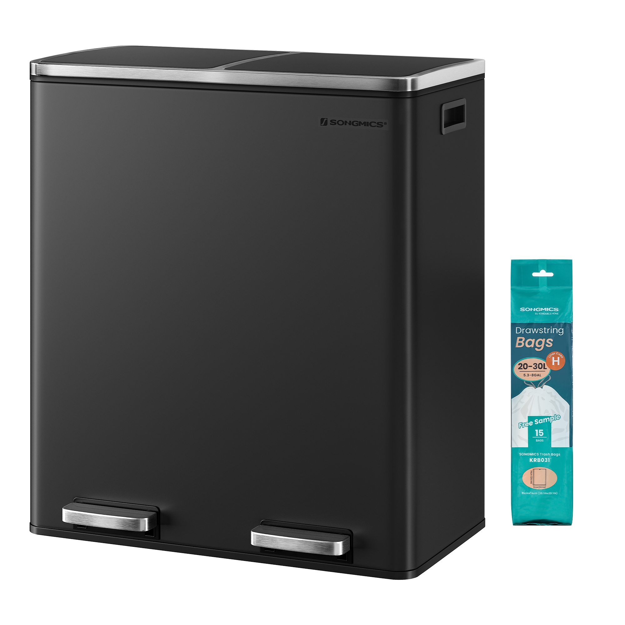 SONGMICS Trash Can, 2 x 8 Gallon Garbage Can for Kitchen, with 15 Trash Bags, 2 Compartments, Plastic Inner Buckets and Hinged Lids, Airtight, Black