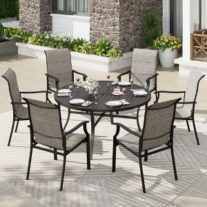 Captiva Designs 7pc Patio Black Slatted Round Steel Table with Umbrella Hole & Grayish Brown Textilene Chairs - 1 of 4