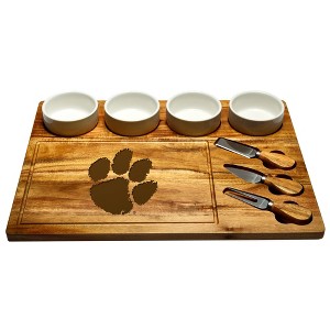 NCAA Clemson Tigers Large Acacia  Charcuterie Board with Ceramic Dip Bowls & Cheese Knife set - 1 of 4