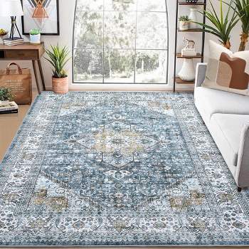 Area Rug Vintage Distressed Rug for Living Room Traditional Medallion Floral Stain Resistant Accent Rug