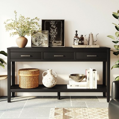 59" Farmhouse Console Table with 3 Drawers,Bottom Shelf & Iron Handles for Entryway,Living Room,Hallway-Baofuwish