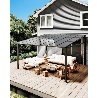 10x14 FT Wall Mounted Lean-to Gazebo, Upgraded Hardtop Pergola with 6mm Polycarbonate Roof, Reinforced Aluminum Frame, All-Weather Outdoor Shelter