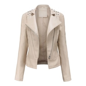 Clearlove Womens Casual Light Studded Shoulder Long Sleeve Cropped Zipper Moto Biker Faux Leather Jacket Coats - 1 of 4
