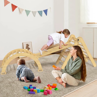 Huxxion 3 in 1 Pikler Triangle Set, Wooden Jungle Gym, Climbing Toys for Toddlers 1-3 Inside (Round-Original Wood)