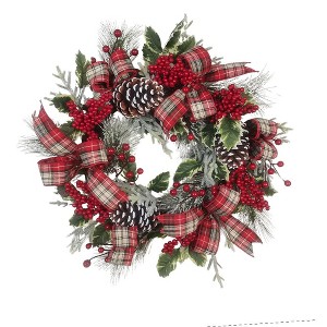 Kurt Adler 24-Inch Unlit Flocked Decorated Rattan Wreath with Plaid Bow and Holly Berry - 1 of 1
