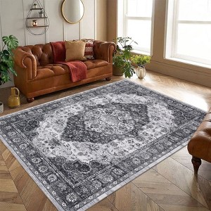 Faux Wool Vintage Printed Area Rug with Non Slip Backing Machine Washable Stain Resistant  Soft  Accent Carpet for Indoor Places - 1 of 4