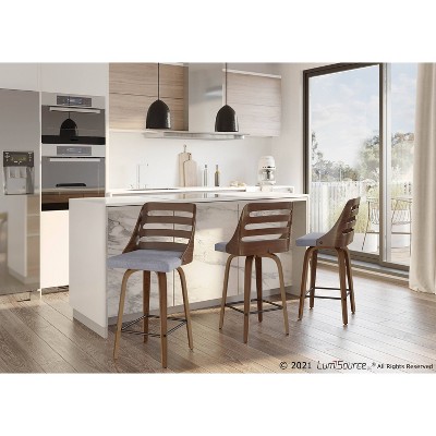 Modern Gray Upholstered Trevi Counter Stool with Walnut Swivel Base