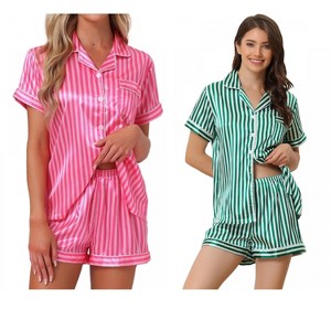 INSPIRE CHIC Women's 4 Pcs Striped Silky Satin Sleepwear Button-Up Shirt & Shorts 2025 Lounge Set - 1 of 4