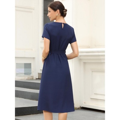Женские платья INSPIRE CHIC Women's Summer Work Pleated Short Sleeve Crew Neck Belted A Line Midi Dresses Small Navy Blue — фото 3
