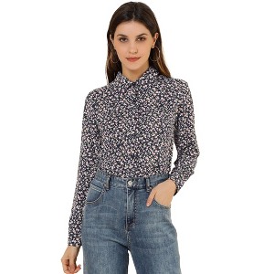 Allegra K Women's Point Collar Long Button Sleeve Button Down Floral Shirt - 1 of 4