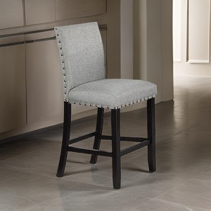 Royal Hampton 24 Inch Counter Height Chairs, Set of 2, Nailhead Trim, Gray Fabric, Black Wood - 1 of 4