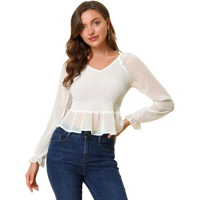 INSPIRE CHIC Women's Smocked Peplum Crop Top V-Neck Chiffon Ruffle Swiss Dots Blouse