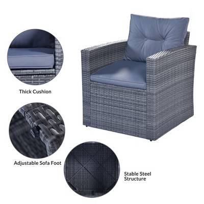 6-piece All-Weather Wicker PE rattan Patio Outdoor Dining Sectional Set with coffee table, wicker sofas, ottomans, removable cushions，Gray