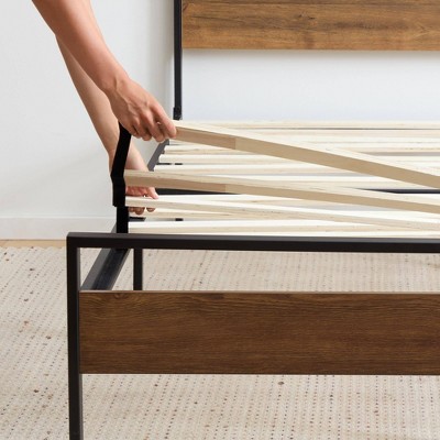 Twin Brown Wood and Metal Platform Bed with Headboard