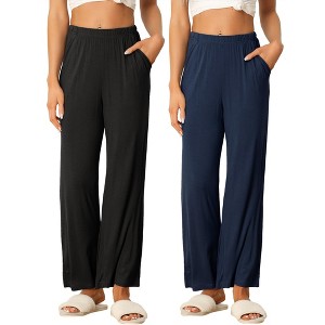 cheibear Women's Cotton Elastic Waist Straight Wide Leg Long Pants with Pocket 2 Pack - 1 of 4