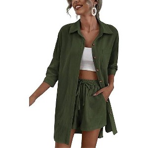 Zeagoo Women’s 2 Piece Lounge Tracksuit Outfit Sets Cotton Linen High Low Shirt and Drawstring Casual Shorts Set - 1 of 4