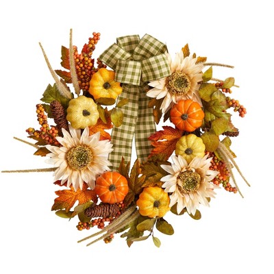 Nearly Natural 24” Fall Pumpkin, Sunflower Artificial Autumn Wreath with Decorative Ribbon