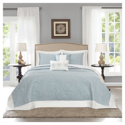 Blue Reversible Microfiber Queen Bedspread Set with Shams and Pillows