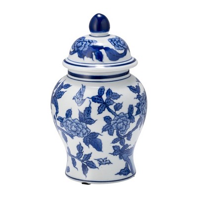 Sagebrook Home 8" Temple Jar with Lid - Ceramic White and Blue Chinoiserie Floral Stoneware for Home, Office