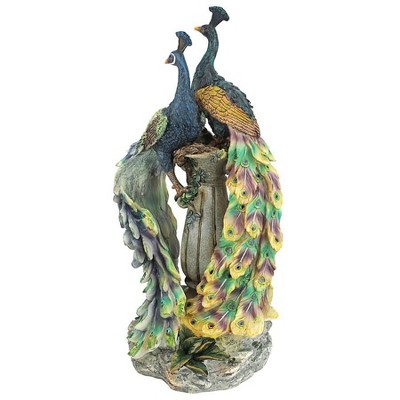 Hand-Painted Resin Peacock Statue with Urn, 22.4" Tall
