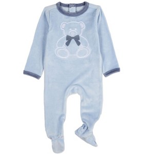 MiniMoi Baby and Toddler "Teddy Snuggles" Embossed Cotton Rich Velour Footie Pearl Blue 12 Months - 1 of 3