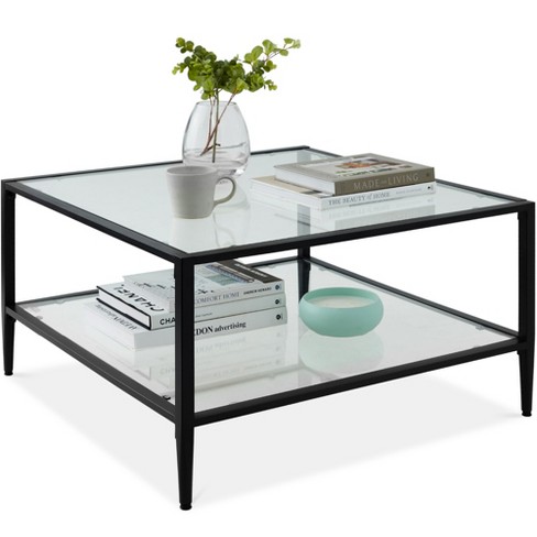 Black square coffee table deals with glass top