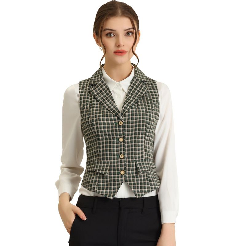 Allegra K Women's Plaid Vintage Notched Lapel Collar Single Breasted Waistcoat Vest, 1 of 6